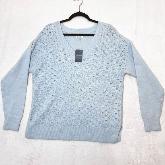 Lucky Brand Light Blue Open Knit V-Neck Cozy Sweater Size L NWT - Picture 1 of 6